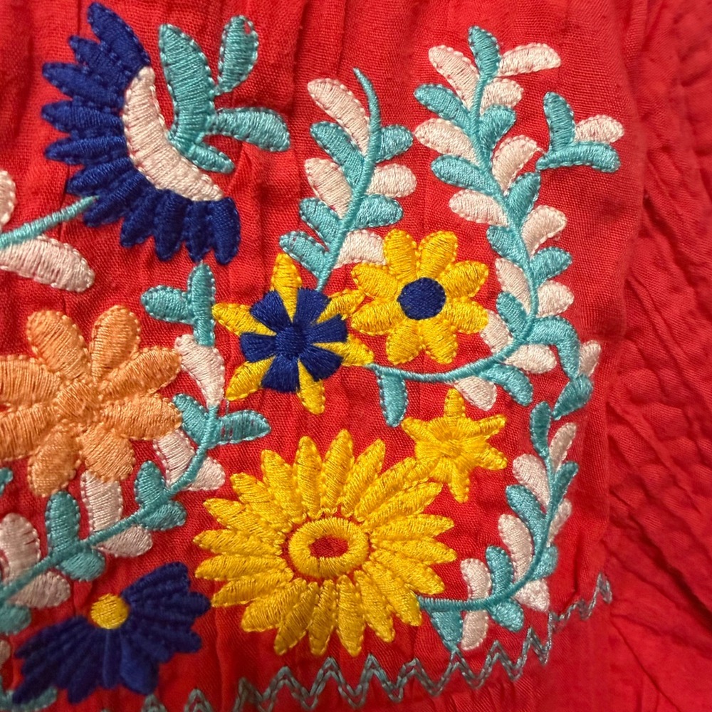 Beige by ECI Red Crinkle Embroidered Floral Boho Shift Dress Peasant Hippie Sz L - Picture 7 of 11